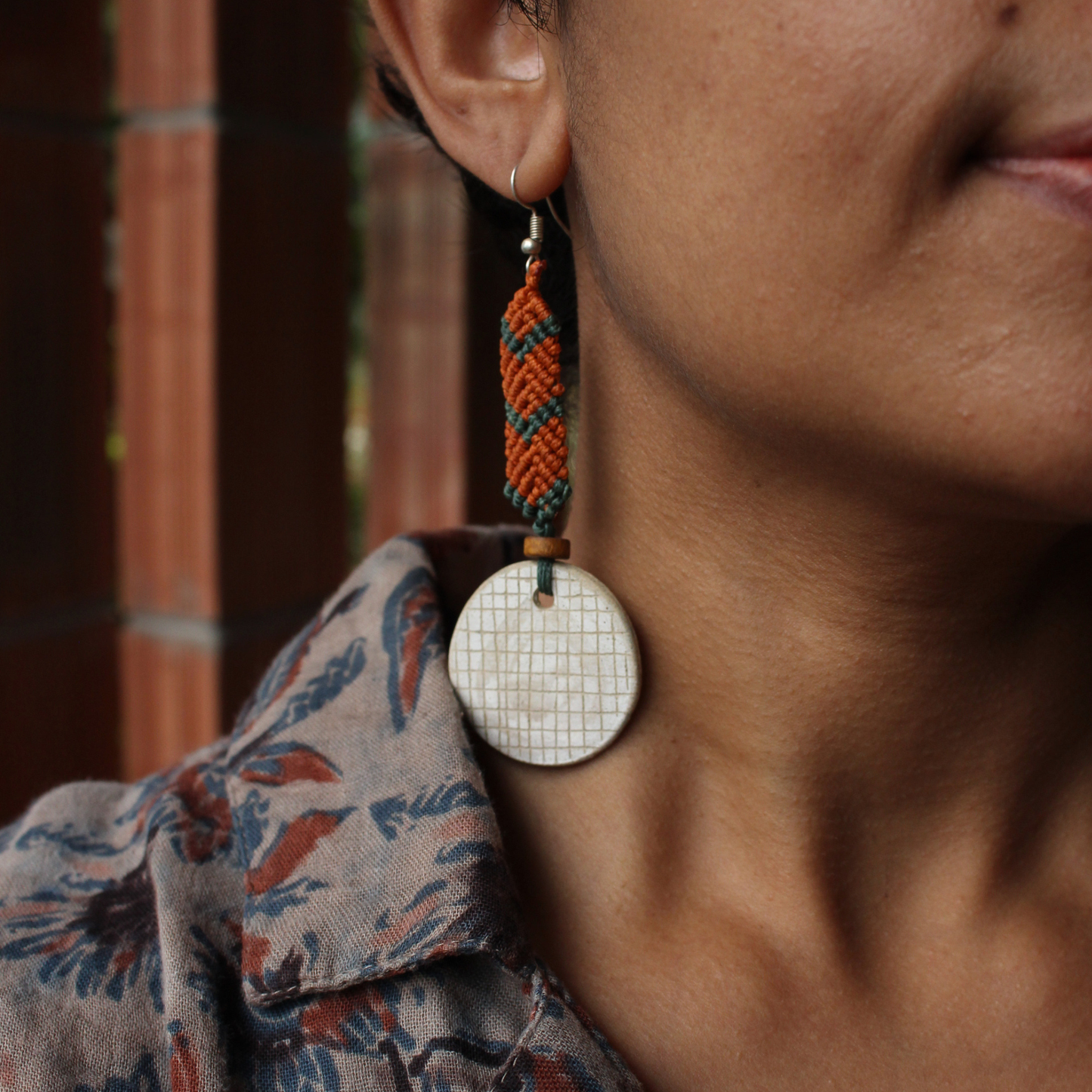 Orange green macrame earrings